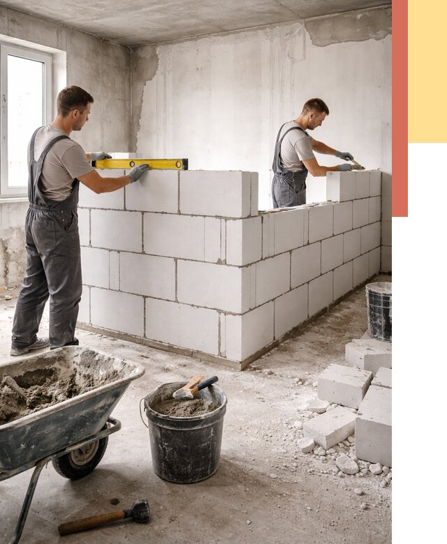 Кладка перегородок из ПГП в Губахе от 2592 руб./м2 — монтаж и возведение под ключ | ОТДЕЛОЧНИК-Гбх