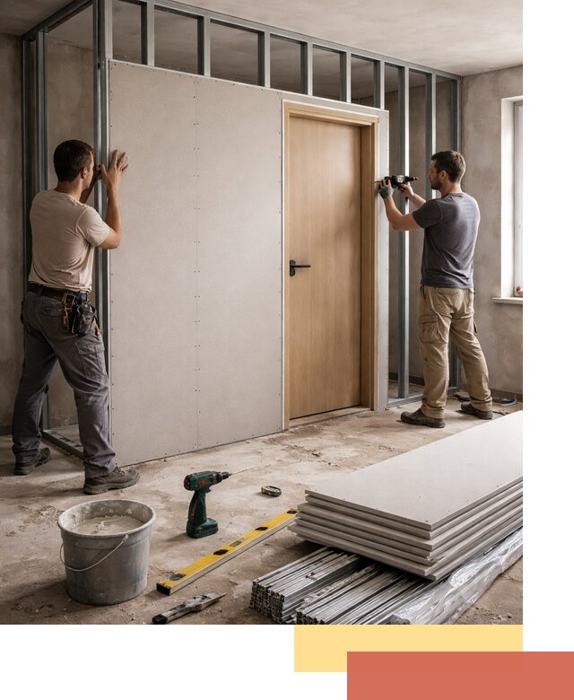 Перегородка из гипсокартона с дверью под ключ в Губахе