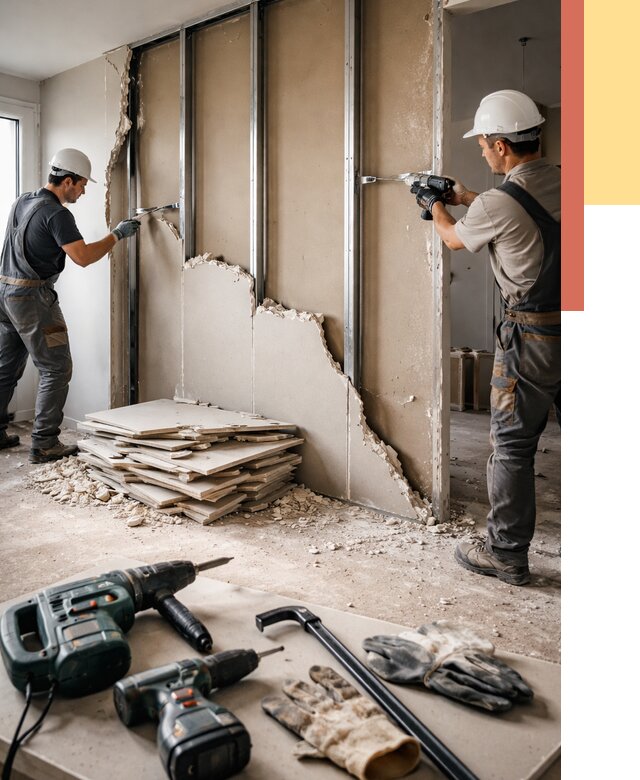 Демонтаж перегородки из гипсокартона в Губахе от 1244 руб. быстро и недорого | ОТДЕЛОЧНИК-Гбх