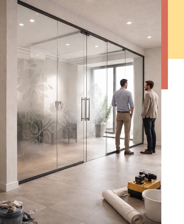 Стеклянные перегородки с рисунком в Губахе от 12958 руб. монтаж и нанесение | ОТДЕЛОЧНИК-Гбх