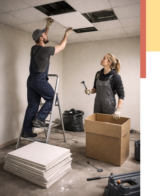 Демонтаж потолочной плитки в Губахе от 4665 руб. быстро и недорого | ОТДЕЛОЧНИК-Гбх