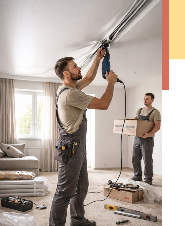 Монтаж сатинового натяжного потолка в Губахе от 3628 руб. | Быстро, недорого — ОТДЕЛОЧНИК-Гбх