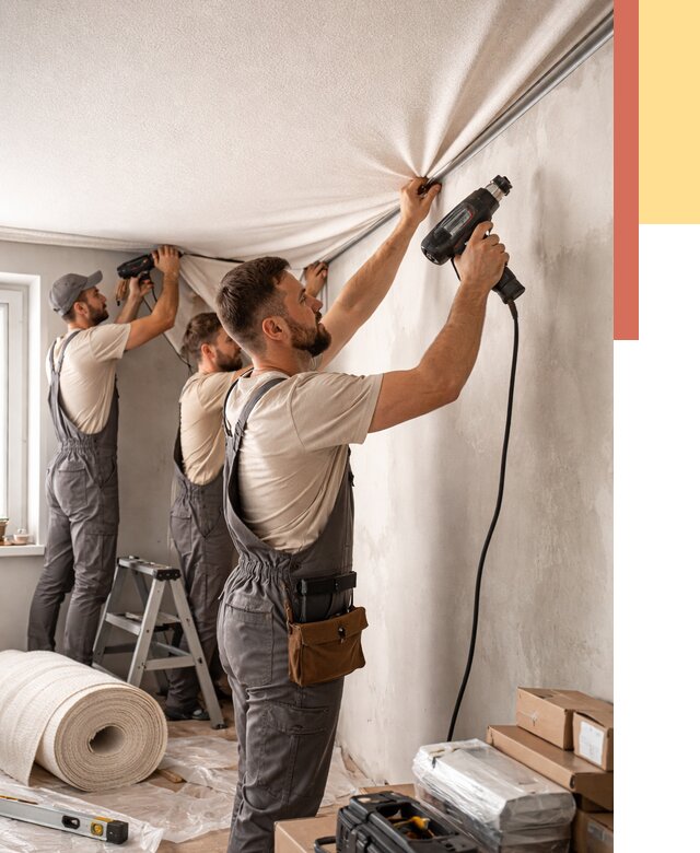 Монтаж фактурного натяжного потолка в Губахе от 777 руб. — ОТДЕЛОЧНИК-Гбх