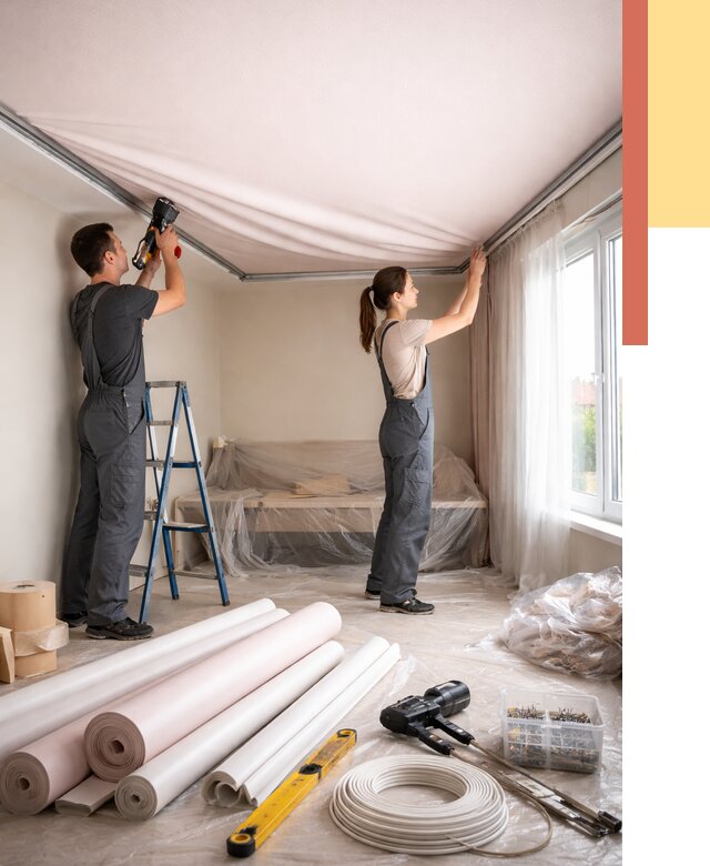 Монтаж цветного натяжного потолка в Губахе от 4354 руб/м² — быстро и недорого | ОТДЕЛОЧНИК-Гбх