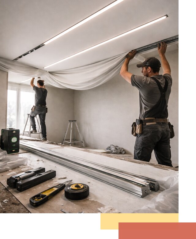 Монтаж натяжных потолков со световыми линиями в Губахе