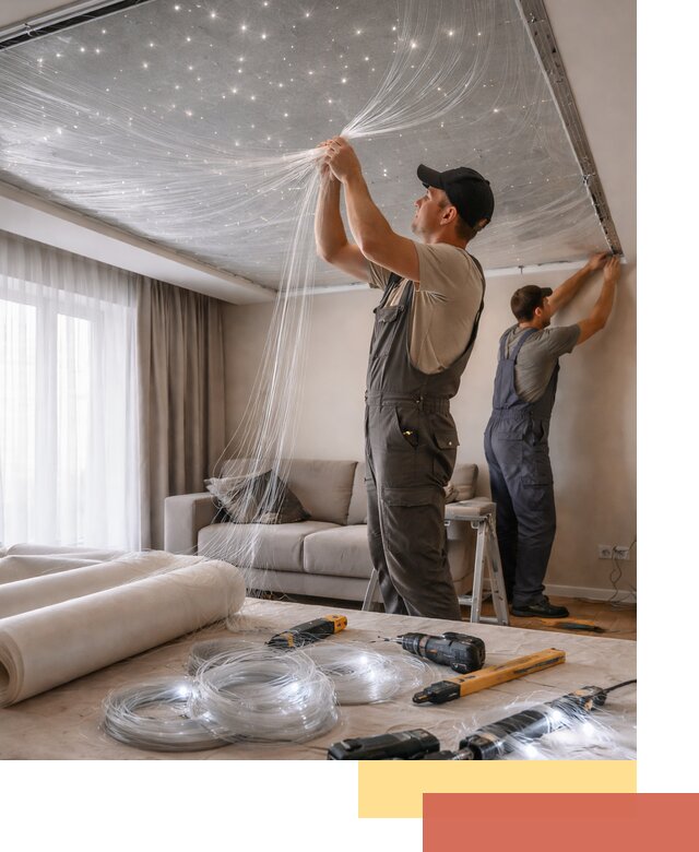 Монтаж натяжного потолка «Звездное небо» в Губахе