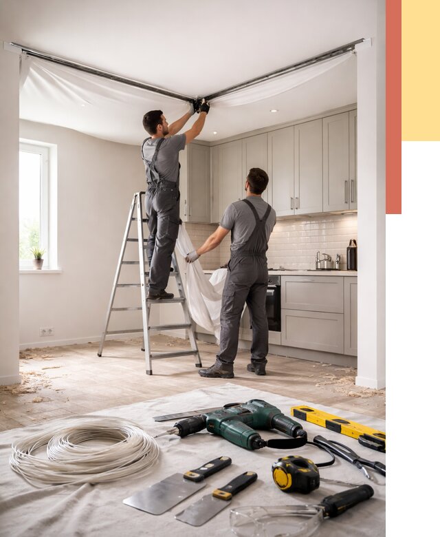 Установка натяжного потолка на кухне в Губахе от 2488 руб. | ОТДЕЛОЧНИК-Гбх