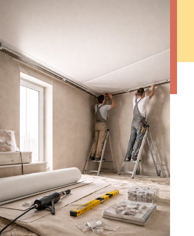 Монтаж натяжного потолка в спальне в Губахе от 3939 руб. под ключ | ОТДЕЛОЧНИК-Гбх