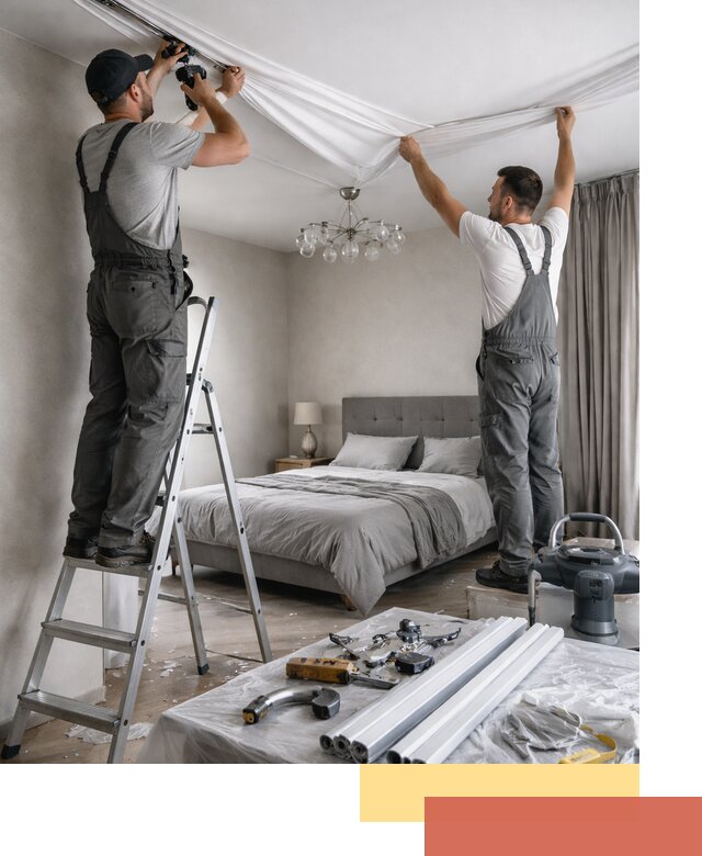 Монтаж натяжного потолка в спальне в Губахе