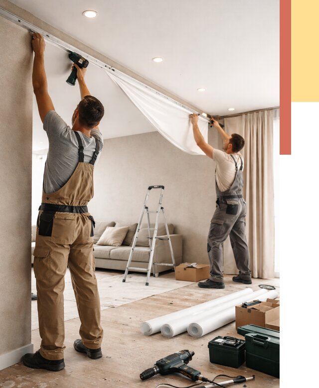 Монтаж натяжного потолка в гостиной в Губахе от 570 руб. | ОТДЕЛОЧНИК-Гбх