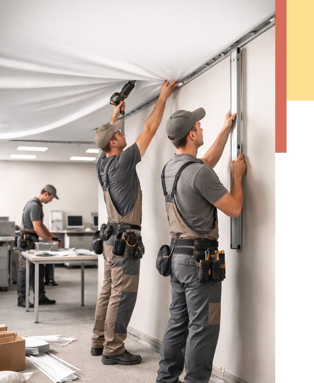 Монтаж натяжного потолка в офисе в Губахе от 466 руб/м² — быстро и недорого | ОТДЕЛОЧНИК-Гбх