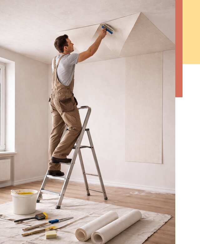 Поклейка обоев на потолок в Губахе от 4665 руб. быстро и недорого | ОТДЕЛОЧНИК-Гбх